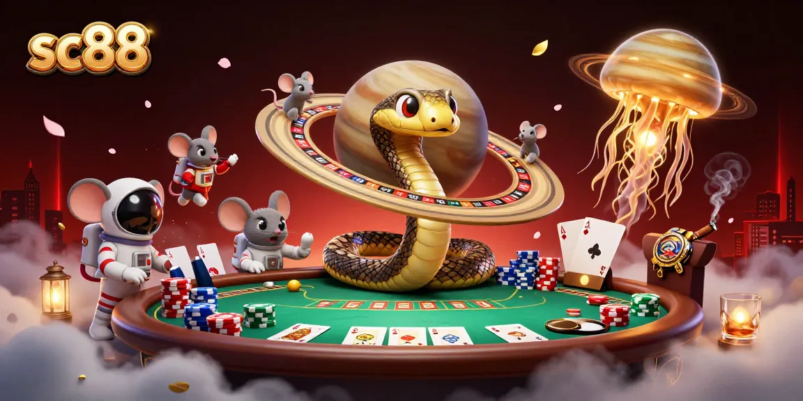 Engage in thrilling gameplay with SC88's cosmic scene featuring colorful poker elements.