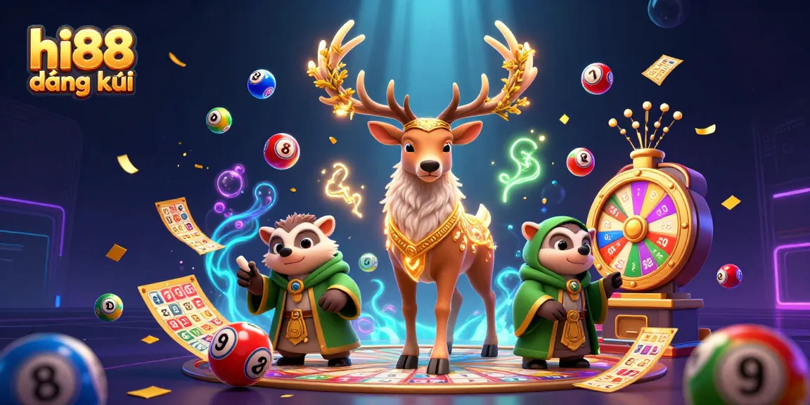 Engage in gambling with hi88 đăng ký, a vibrant scene filled with lottery elements and magical characters.