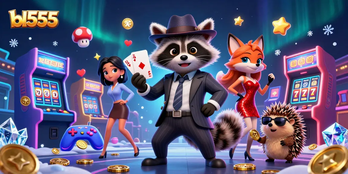 Play at bl555 with a charming raccoon and fox in a vibrant casino atmosphere full of winning elements.