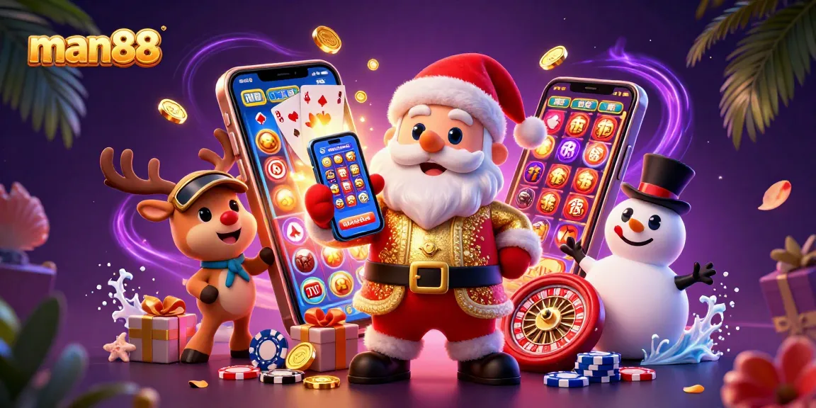 Win big with man88 and festive casino fun featuring a cartoon Santa and friends.