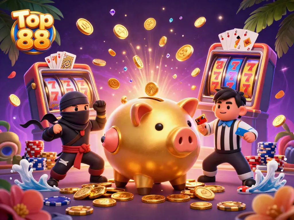 Join the Top 88 piggy bank sumo wrestler in a lively casino scene with dynamic elements!