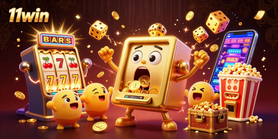 11win slot machine hits jackpot as baby machines cheer, casino elements burst around them.