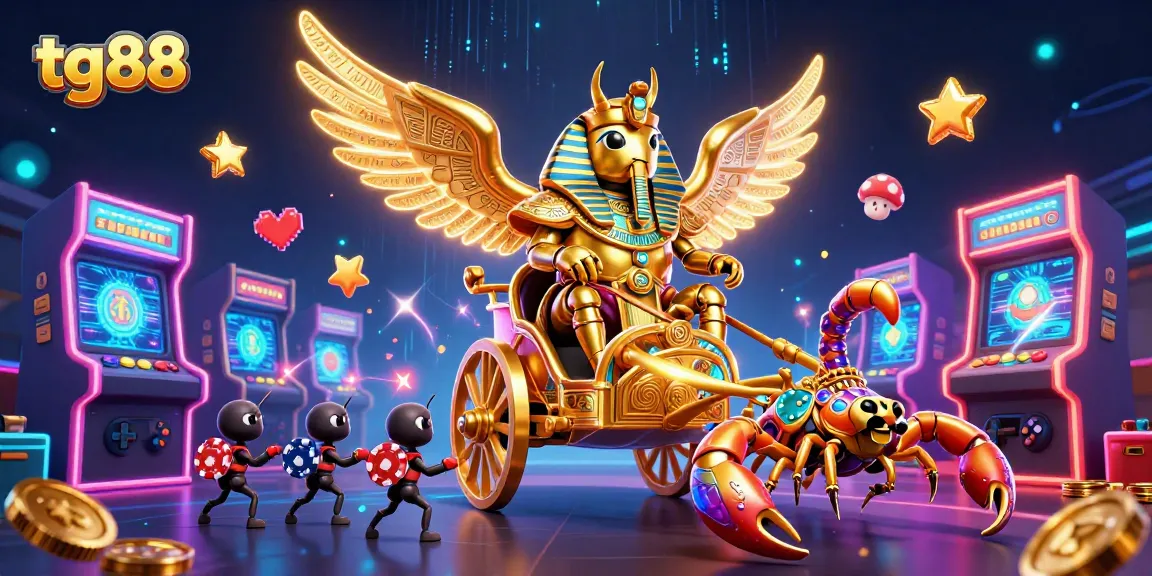 Experience tg88's vibrant gambling world with a colossal golden scarab beetle amidst dynamic game elements.