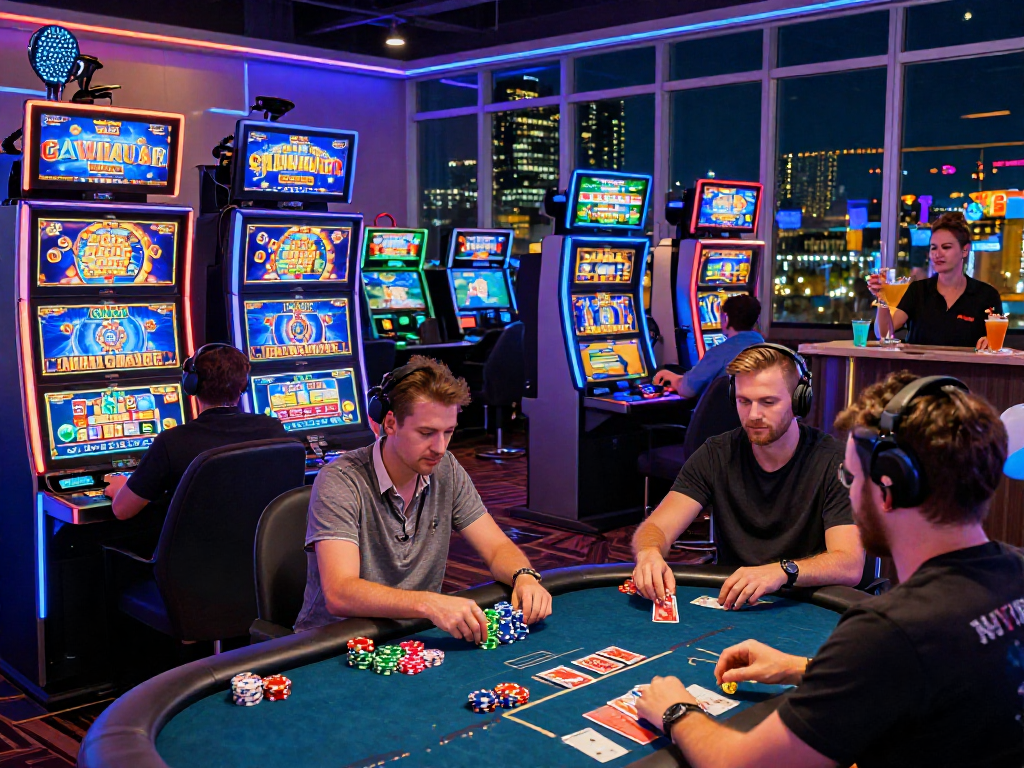 Giocatori eccitati in un casinò online non aams con macchine e ristorante affollato.
