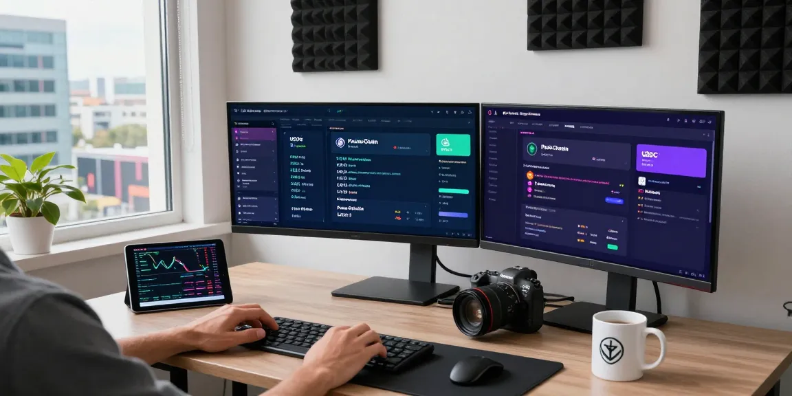 LibertySwap facilitating secure cross-chain transactions in a modern tech workspace highlighting vibrant dashboards.