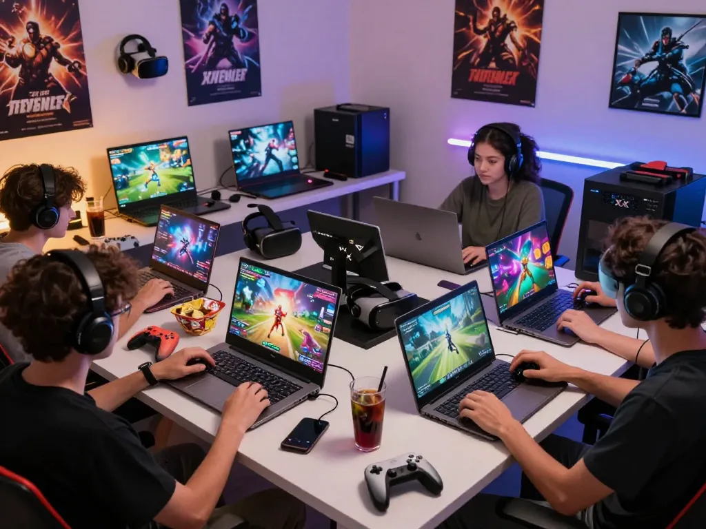 Players engaged in exciting xxx games on various devices in a cozy gaming environment.