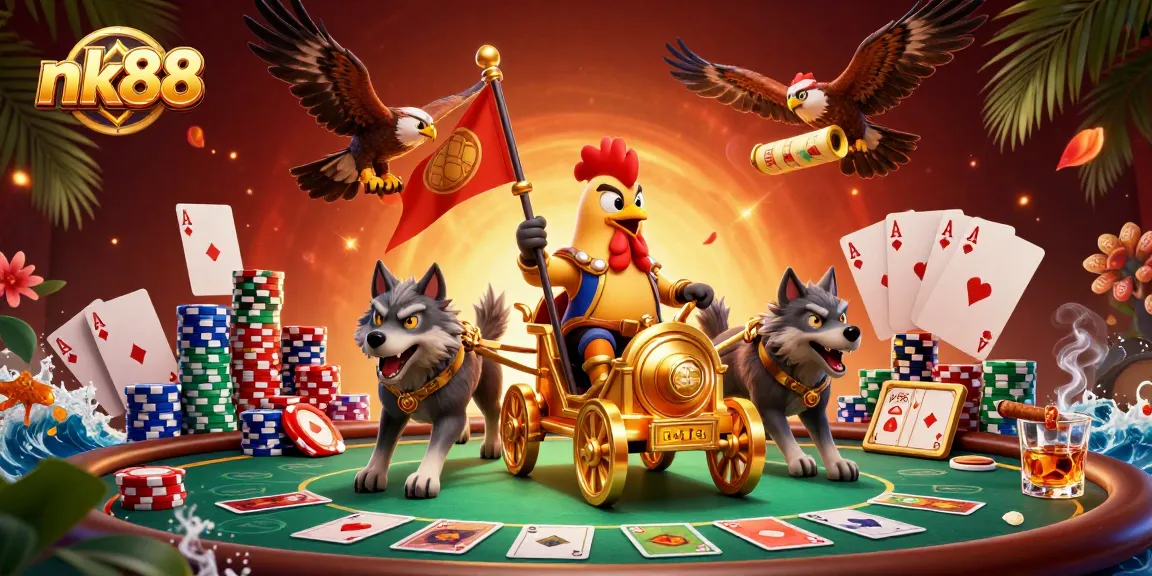Engage in thrilling gameplay at nk88, showcasing a vivid warlord scene with poker elements.
