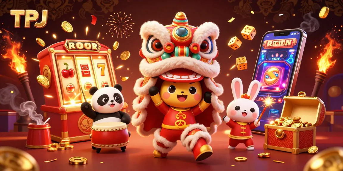 Engage with TPJ's vibrant lion dance scene showcasing thrilling slot machine action in a festive setting.