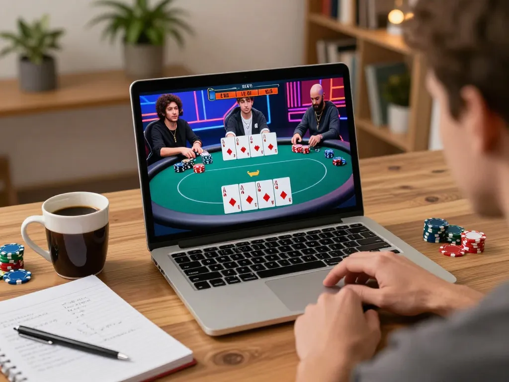 Engaging in an online poker game on a laptop at home with 789winlem showcased on the screen.
