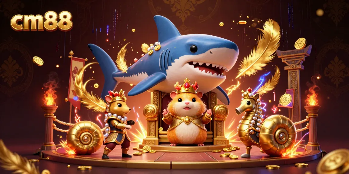 Experience cm88 thrills with a cartoon hamster king and seahorse guards in a dynamic casino scene.