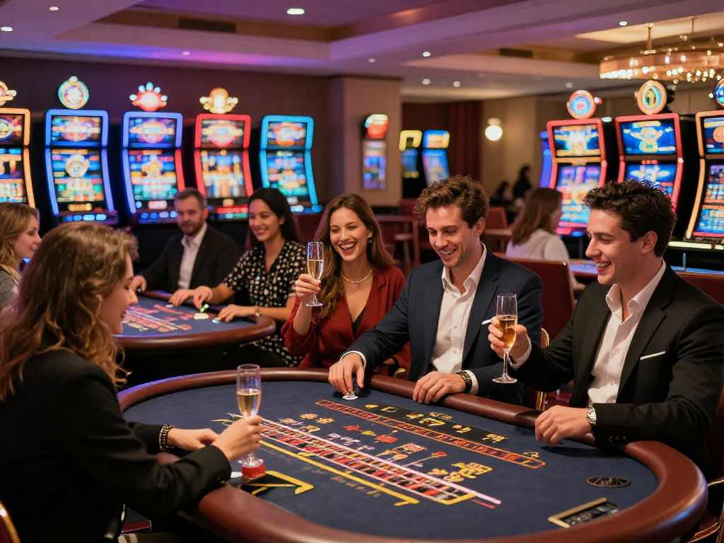 Casinò online non AAMS: Esperienza vibrante in un casinò di lusso, giocatori felici e tavoli di gioco.
