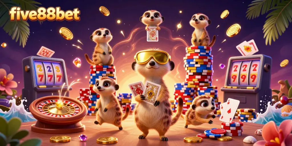 Engage in thrilling games at five88bet casino with lively meerkats managing an online casino scene.
