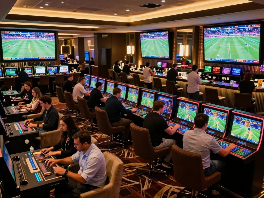 Players engaging in strategic betting at the rr88 sports lounge, with vibrant screens displaying live matches