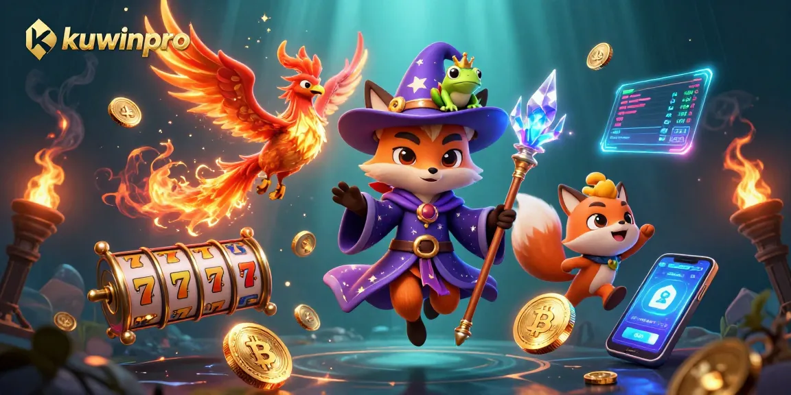 Play slots and win with kuwinpro's magical casino experience featuring vibrant 3D characters and crypto elements.