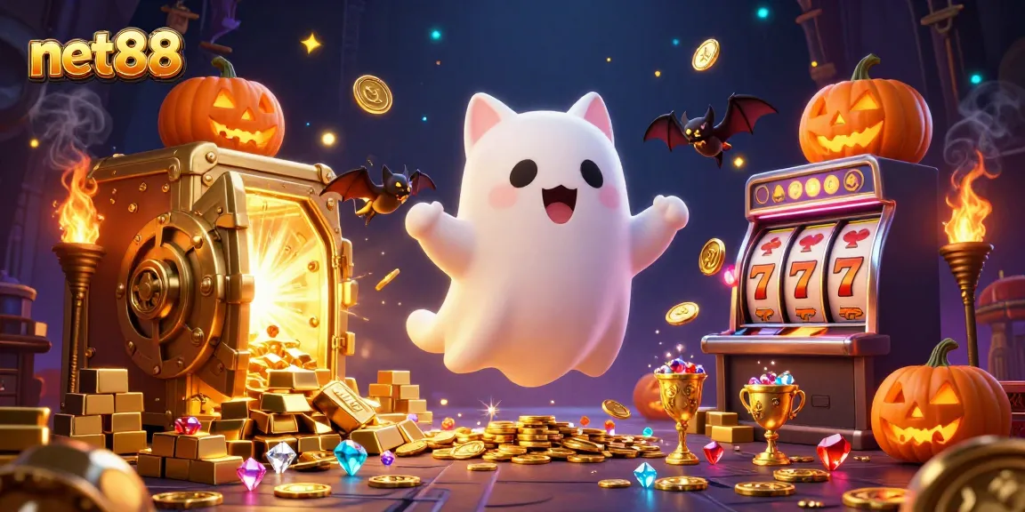 Experience thrilling gameplay celebrating net88 with a ghost cat and vampire bat in a haunted casino.
