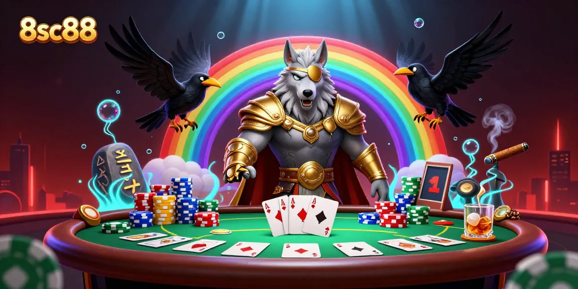 Experience excitement at 8sc88 with a vibrant casino-themed 3D illustration featuring Odin and Norse mythology elements.