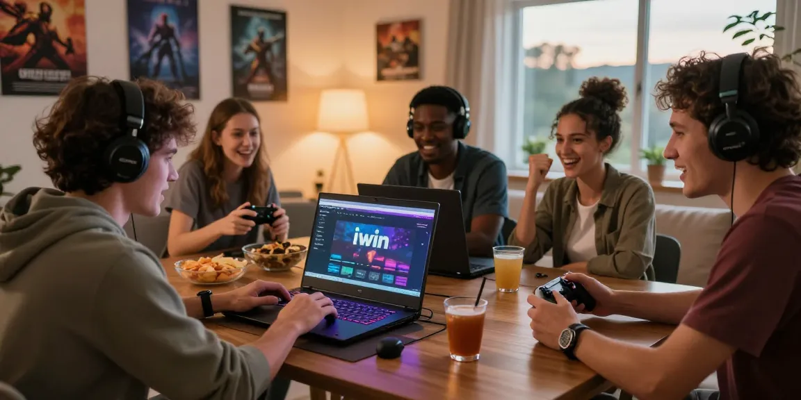 Friends enjoying an iwin gaming session at home, showcasing excitement and camaraderie.