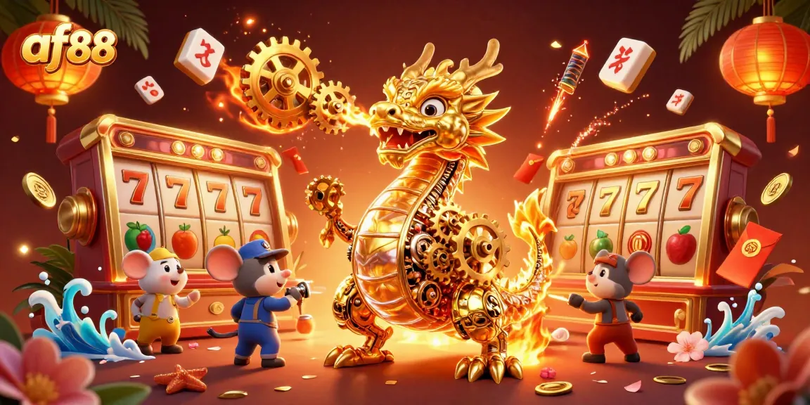 Experience high-stakes excitement with af88 as a golden dragon breathes gears amidst slot reels.