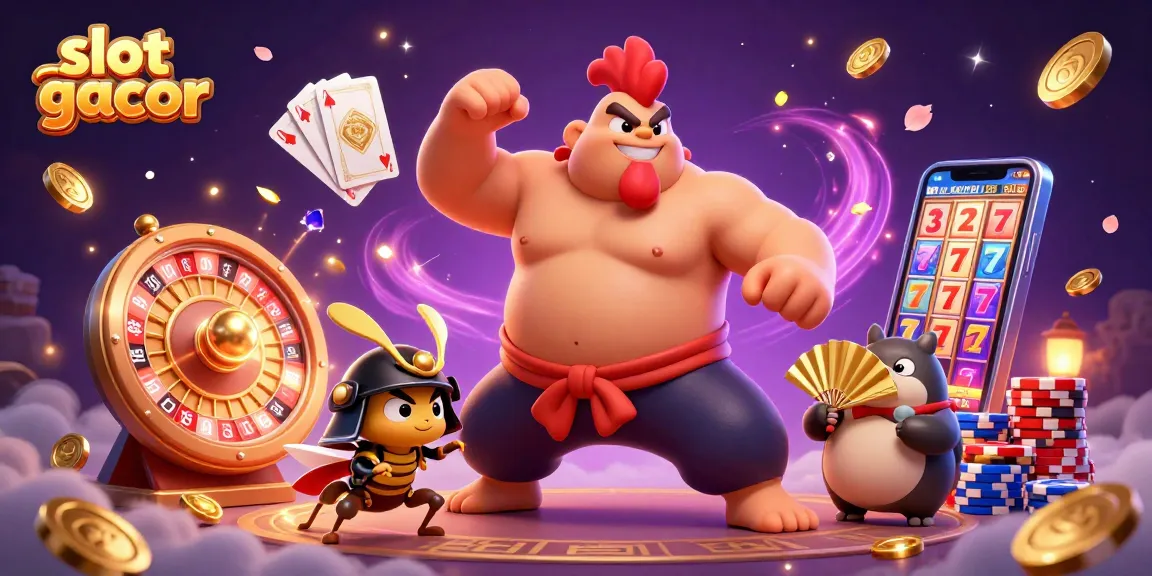 Engage with thrilling slot gacor action featuring a sumo wrestler rooster and dynamic gaming elements.