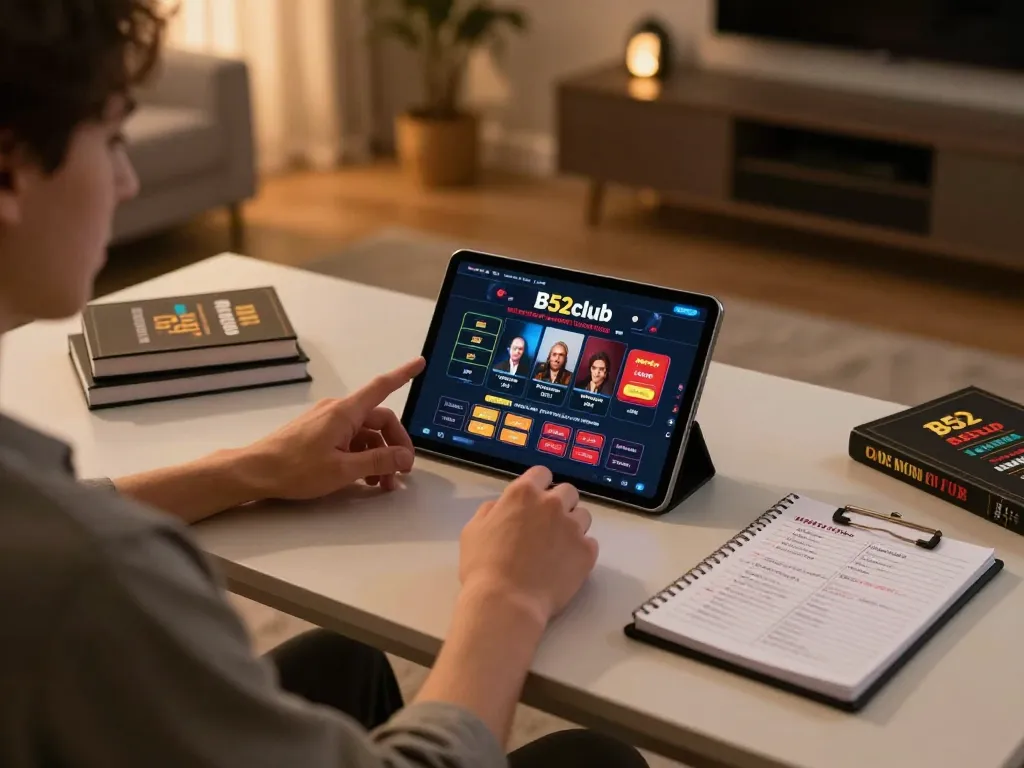 Person engaging with B52club's online casino on a tablet in a cozy home setting, focusing on responsible gaming.