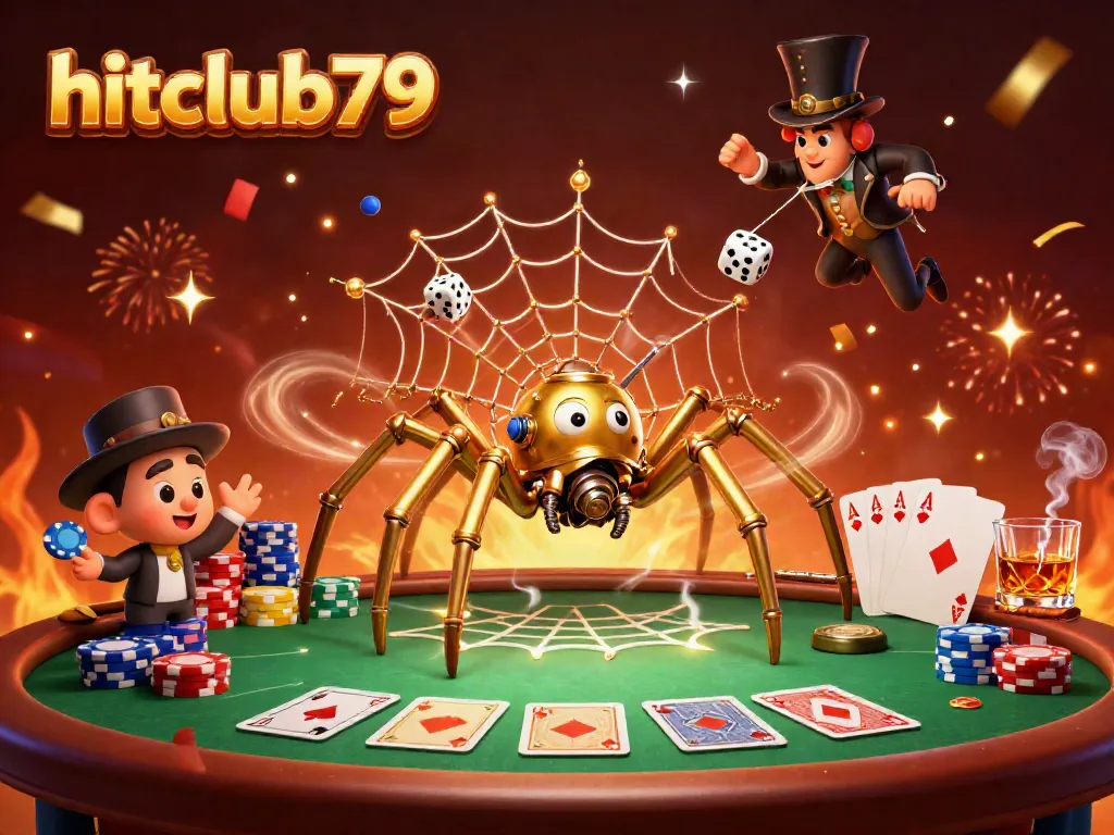 Experience the excitement of hitclub79 with a steampunk spider capturing dice in a vibrant casino scene.