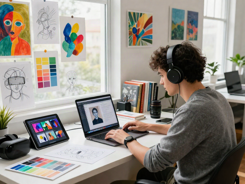AI image generator from image in a creative workspace featuring digital art and innovative technologies.