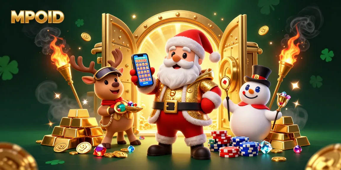 Spin to win with MPOID: Santa and friends celebrating a jackpot in 3D casino wonderland.