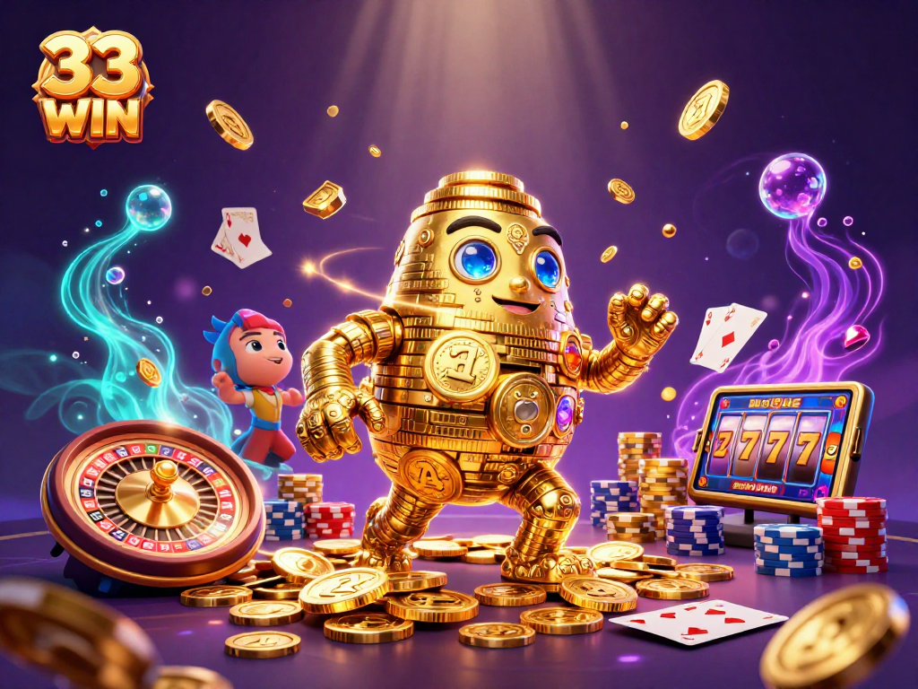 Experience vibrant gaming action with 33 WIN's golden golem amidst sparkling casino elements.