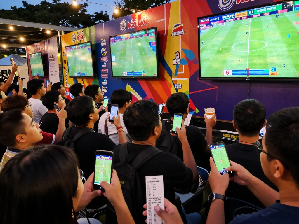 Engaged crowd at a sports betting event analyzing kèo nhà cái odds live on screens