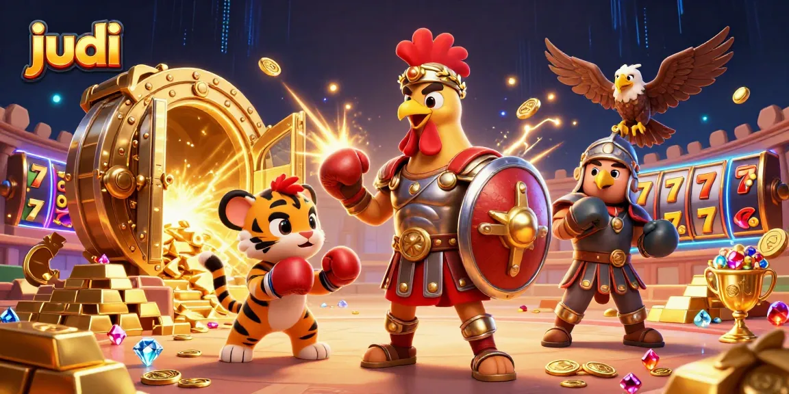 Experience judi excitement with a dynamic scene featuring a gladiator rooster and gold treasures.