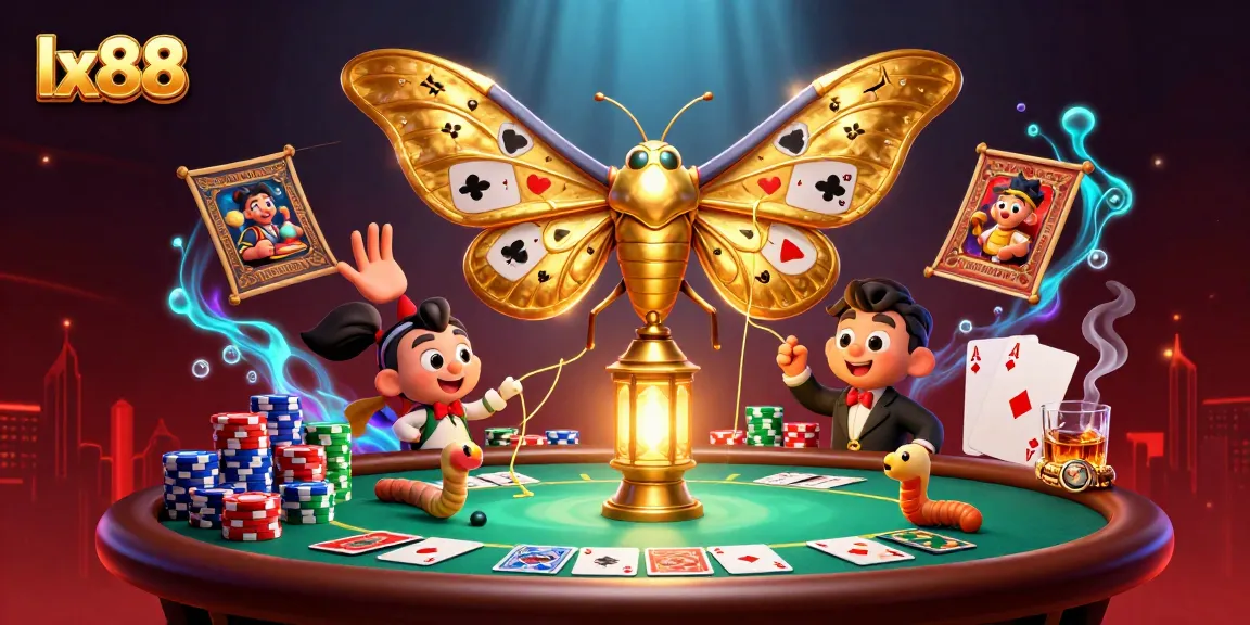 Experience dynamic gaming at lx88 with a vibrant 3D casino scene featuring poker elements and a stunning atlas moth.