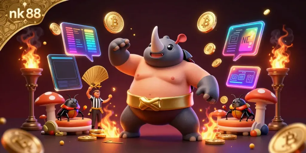 Experience thrilling wins with nk 88 as the sumo beetle champion dominates, sending coins flying in action.