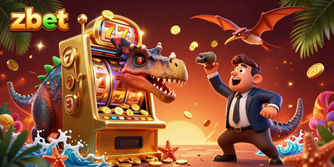 Experience thrilling jackpot wins at zbet with cartoon dinosaurs in a vibrant casino scene.