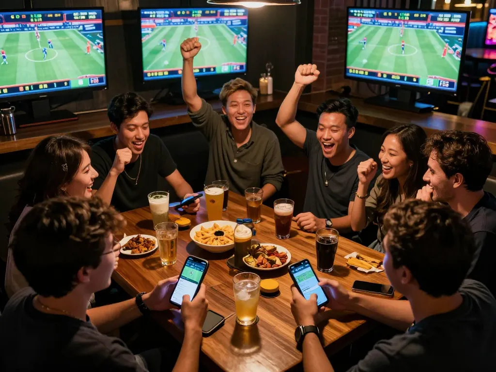 Friends enjoying live sports betting with the keonhacaii app in a vibrant bar setting