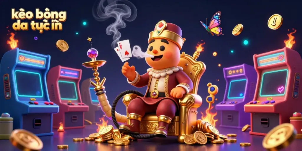 Engage with kèo bóng đá trực tuyến featuring a colorful gathering of casino-themed characters amidst vibrant gaming elements.