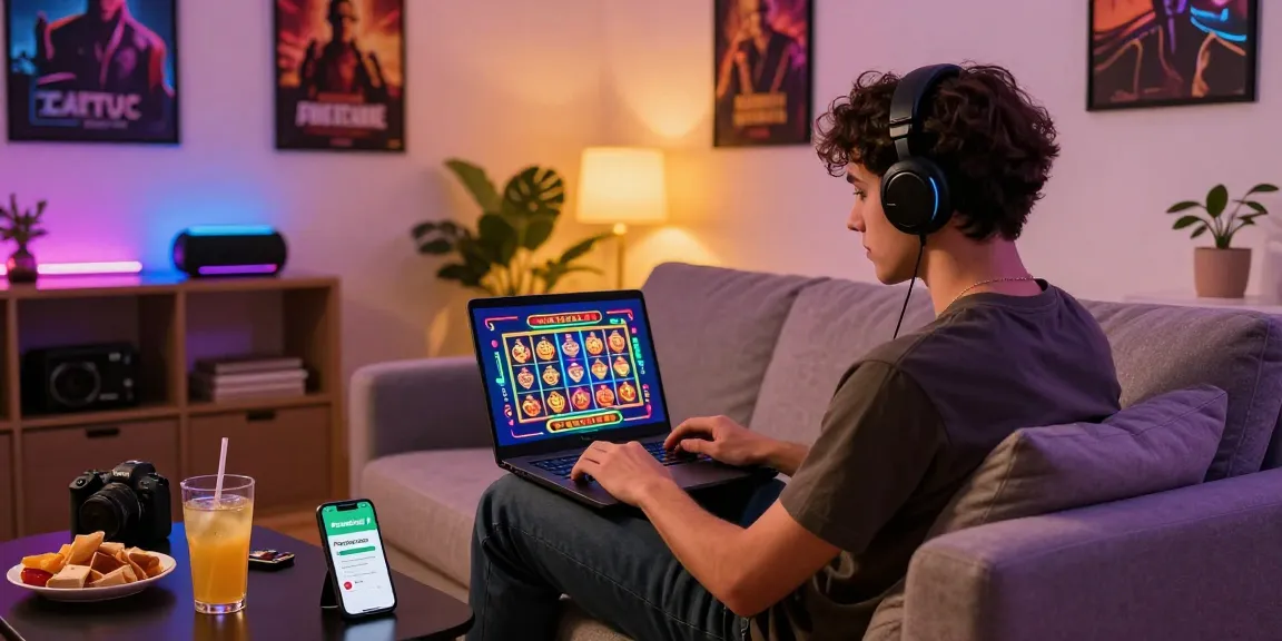 Aufregende Paysafe Card Casino-Spielszene mit einem jungen Erwachsenen, der auf einem Laptop in einem stilvollen Zuhause Finanzmittel verwaltet.