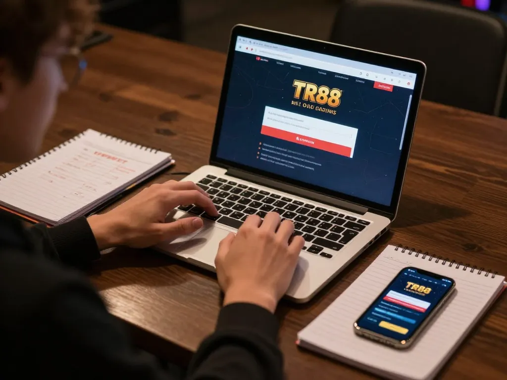 tr88 đăng nhập through a modern laptop, showcasing a focused online gaming setup with strategic betting notes.