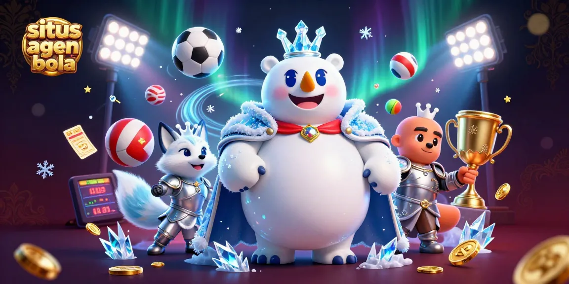 Situs agen bola sports betting illustration featuring dynamic 3D cartoon characters and vibrant sports elements.
