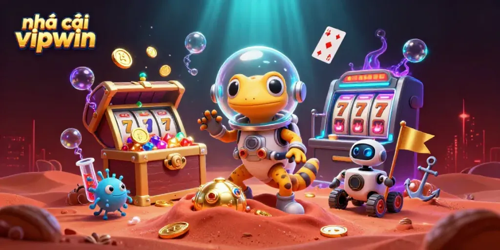 Spin and win at nhà cái vipwin with vibrant cartoon Martian characters and casino treasures