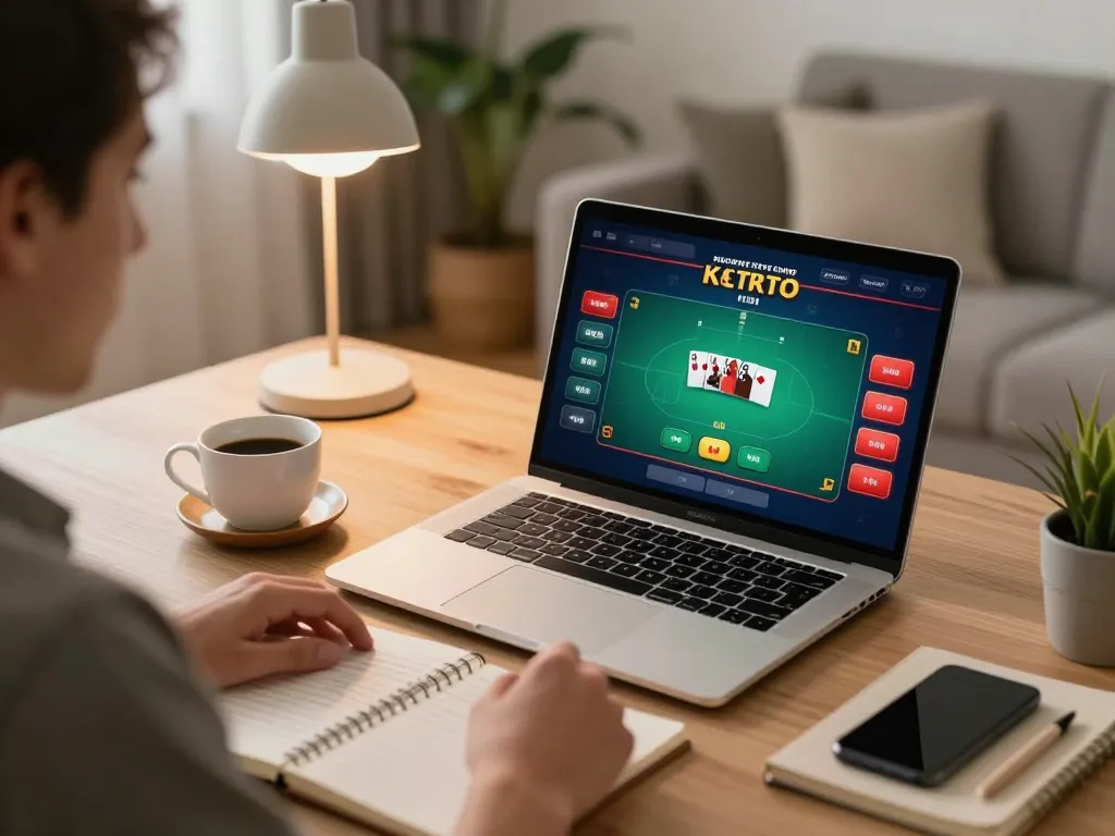 Kwin online gaming setup with player engaged in poker strategies on laptop, emphasizing responsible gambling.