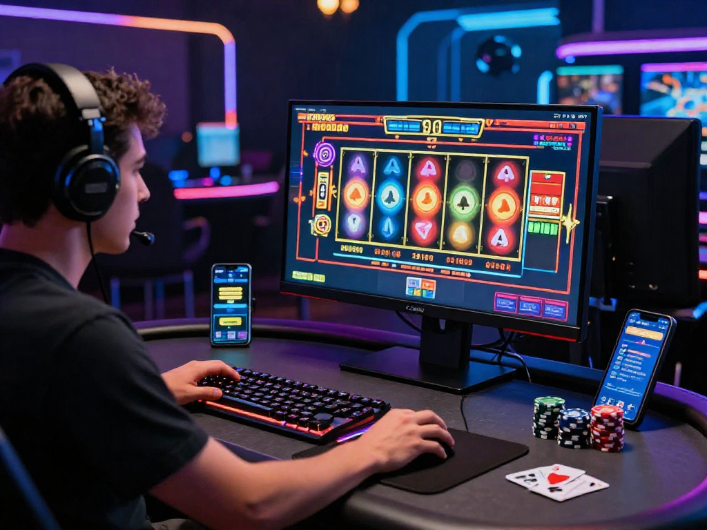 Giocatore entusiasta nel casinò online non aams, immerso in un gioco di slot su monitor ad alta definizione.