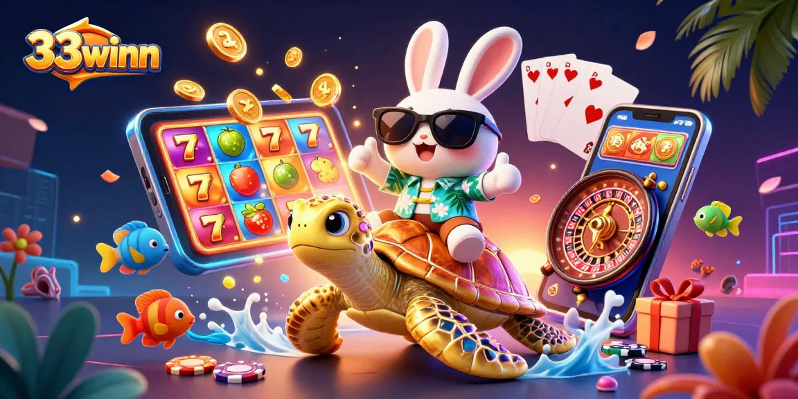 33winn showcases an exciting casino scene with a lucky rabbit and golden turtle surrounded by dynamic gaming elements.