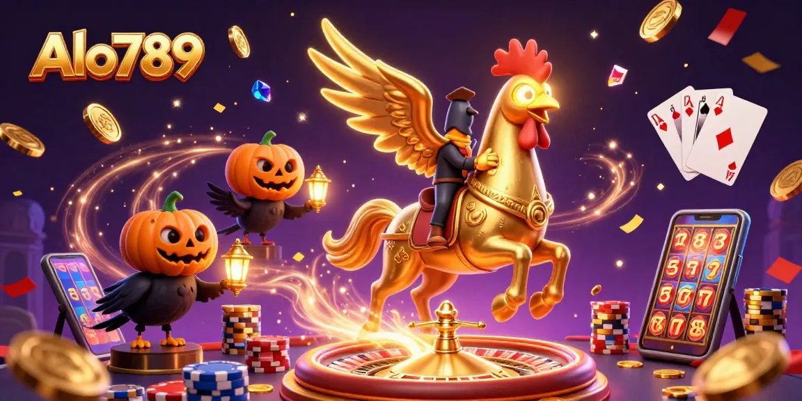 Alo789 showcases a dynamic casino scene with a golden rooster and magical elements representing thrilling gambling excitement.
