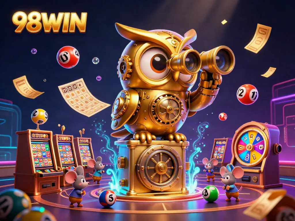 Experience 98WIN's lively casino scene with a whimsical clockwork owl and vibrant elements.