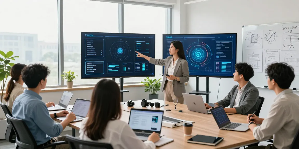 Team analyzing AI detector metrics in a bright tech office.