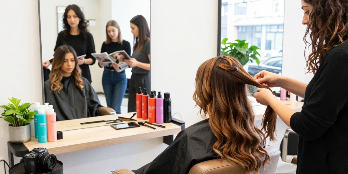 Dynamic beauty salon scene showcasing hair style trend with extensions and vibrant colors