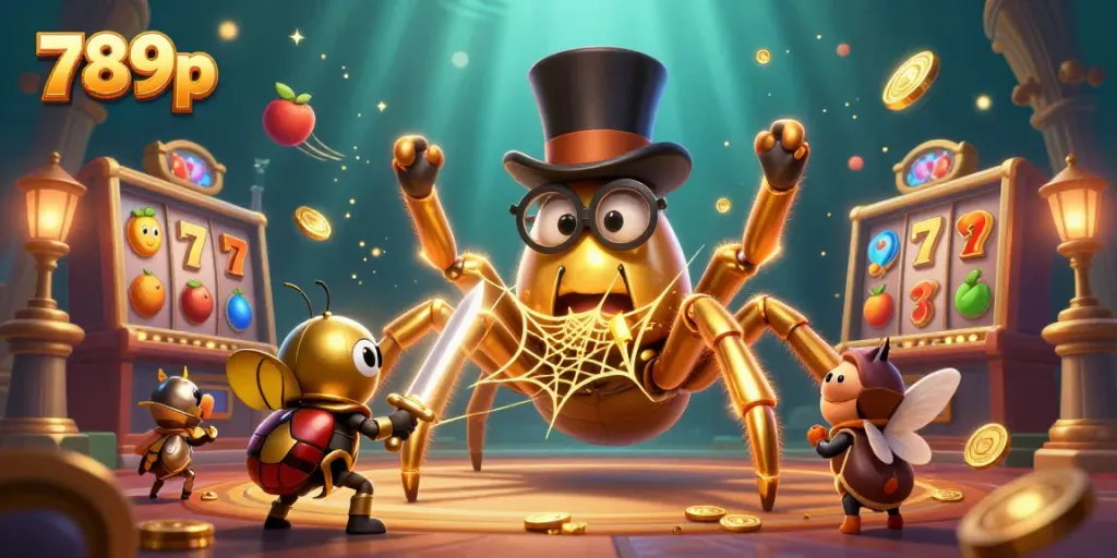 Experience thrilling gameplay with 789p, featuring a golden tarantula and a beetle knight in a vibrant casino scene.