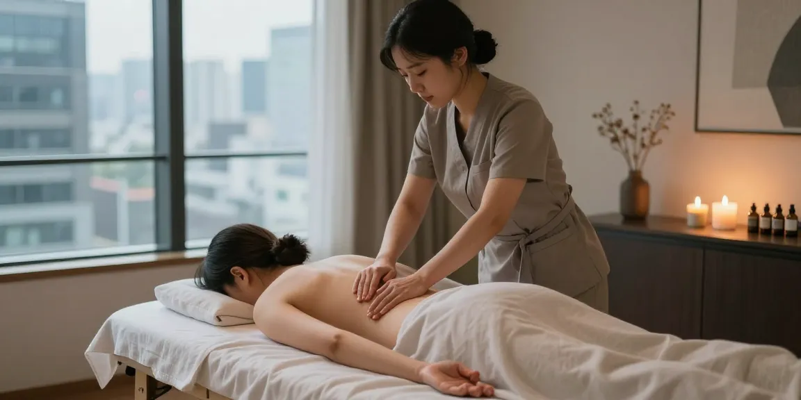 Soothing 서울출장마사지 session in a modern Seoul apartment with a tranquil atmosphere.