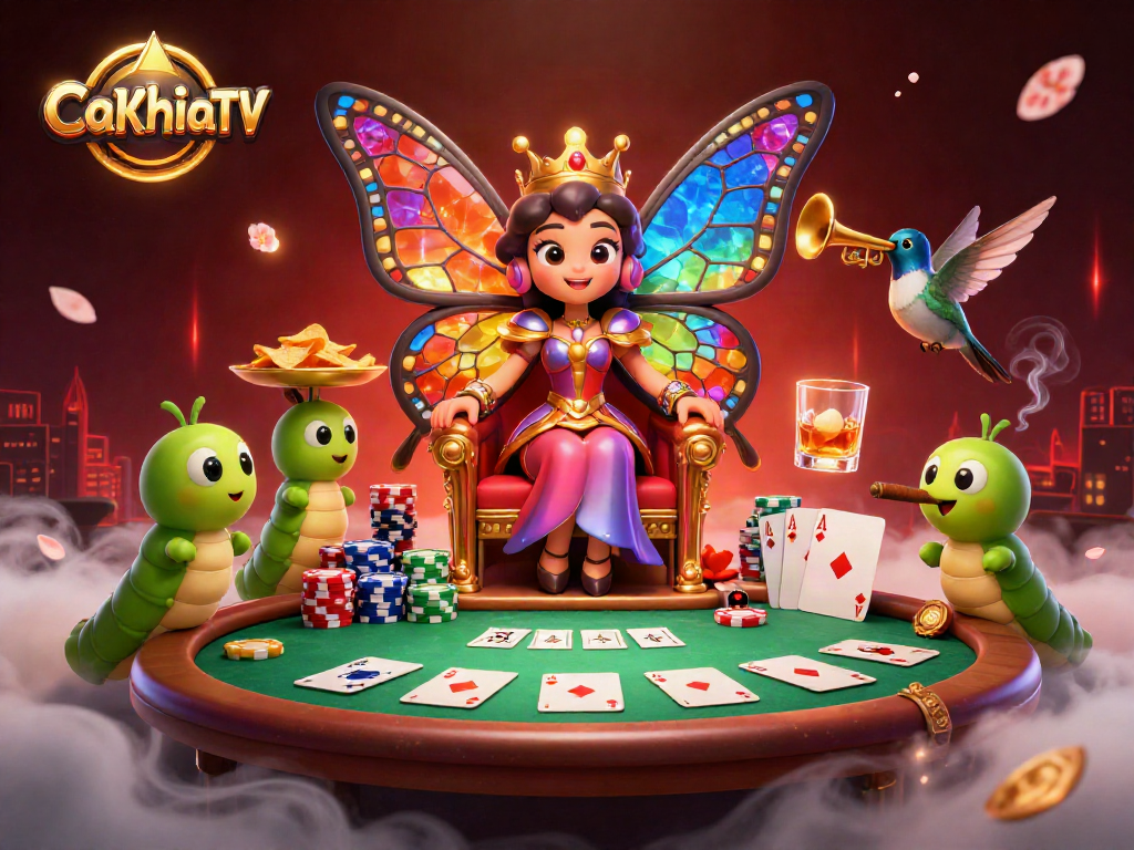Engage with CaKhiaTV as the butterfly queen presides over a bustling poker scene with vibrant game elements.