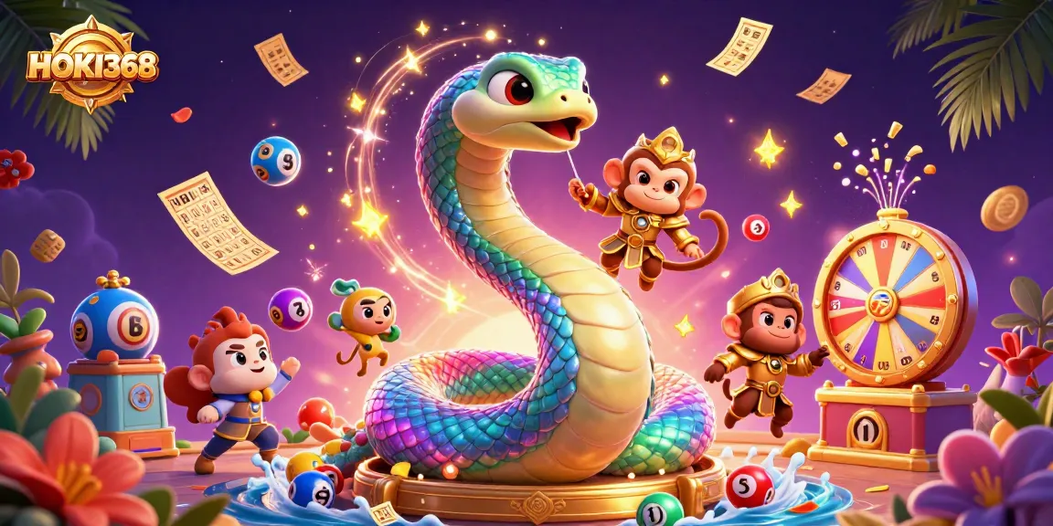 Engage with the vibrant HOKI368 lottery scene featuring golden tickets and magical elements.
